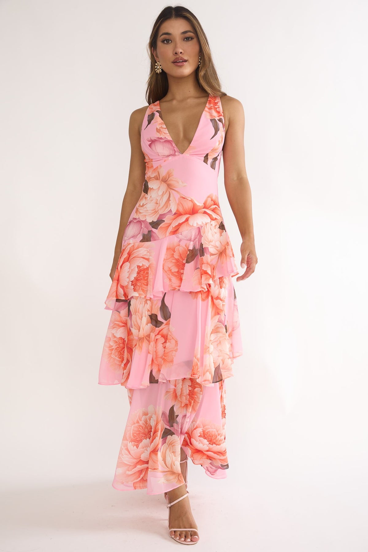 Azalea Pink Floral Tiered Maxi Dress