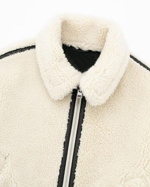 Cream Faux Fur Lapel Patchwork Zipper Jacket