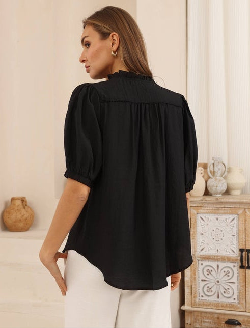 Black Puff Sleeve Button-up Blouse