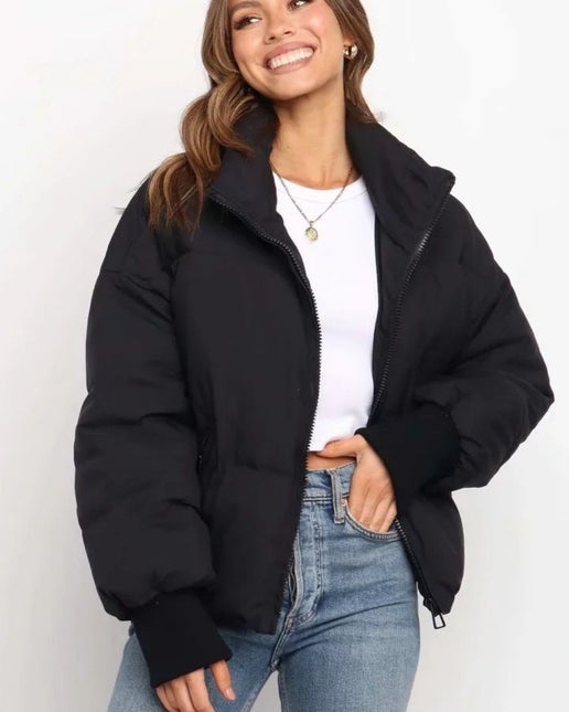 Black Stand Collar Zip Puffer Jacket