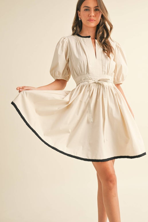Beige Puff Sleeve Mini Dress