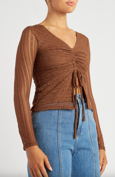 Chocolate Front Drawstring Detail Stretch
lace Top