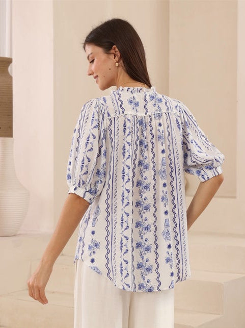 Blue & White Print Button-up Blouse
