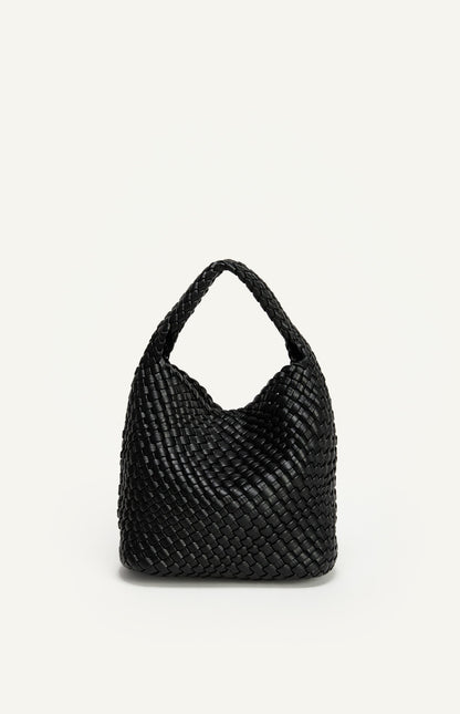 Black Woven Vegan Leather Handle Bag With Woven Pouch - ANGIE HANDLE BAG