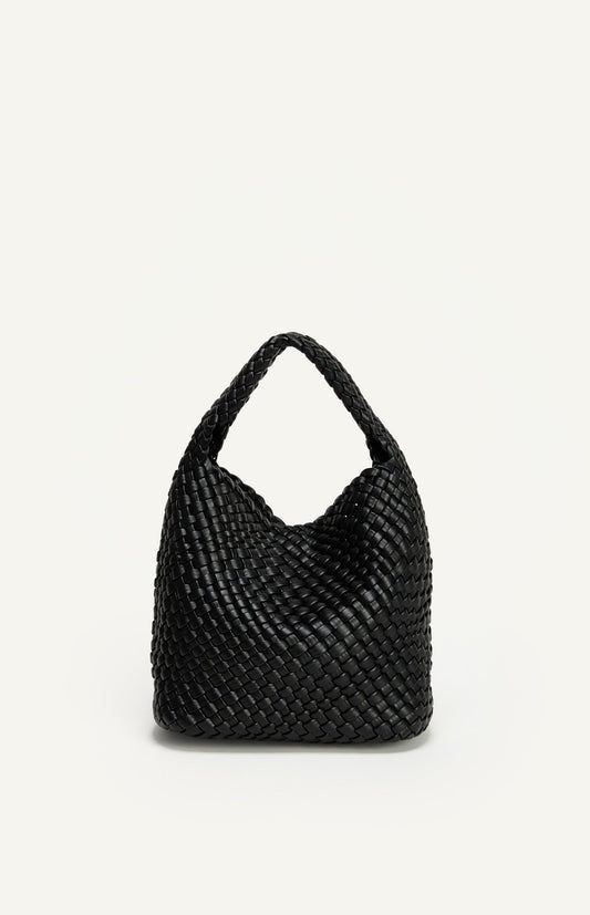 Black Woven Vegan Leather Handle Bag With Woven Pouch - ANGIE HANDLE BAG