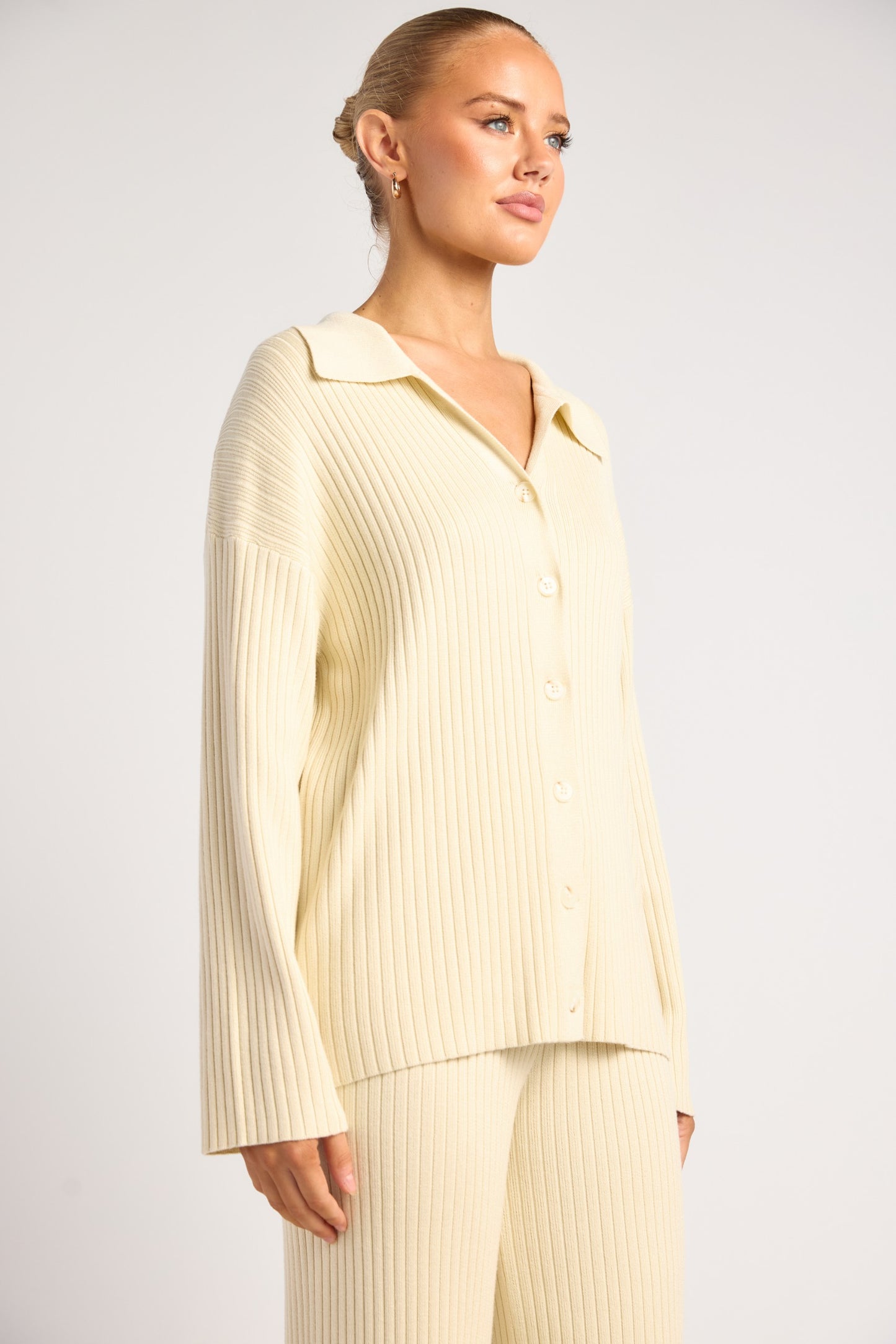 Bone Ribbed Knit Button Up Top
