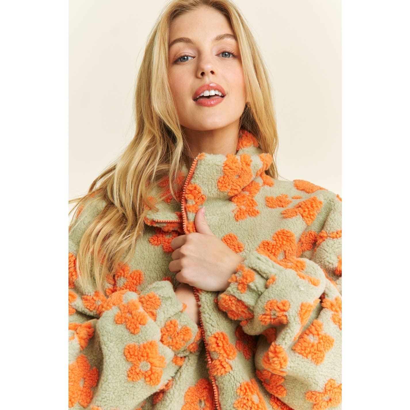 OVERSIZED TERRY BEAR FLEECE FLORAL COLOR BLOCK JACKET