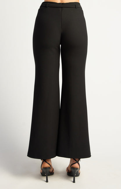 Black Boot Cut Jersey Pants with Gold Belt Buckle Detail