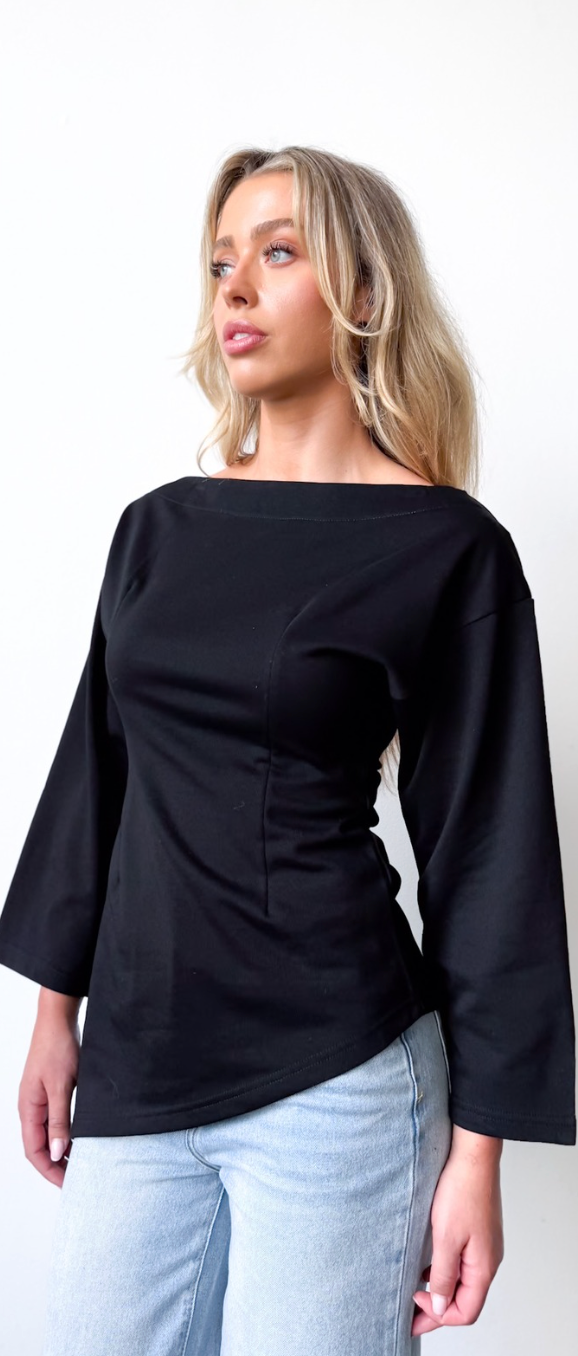 Black Cotton Boat Neck Asymmetrical Hem Top