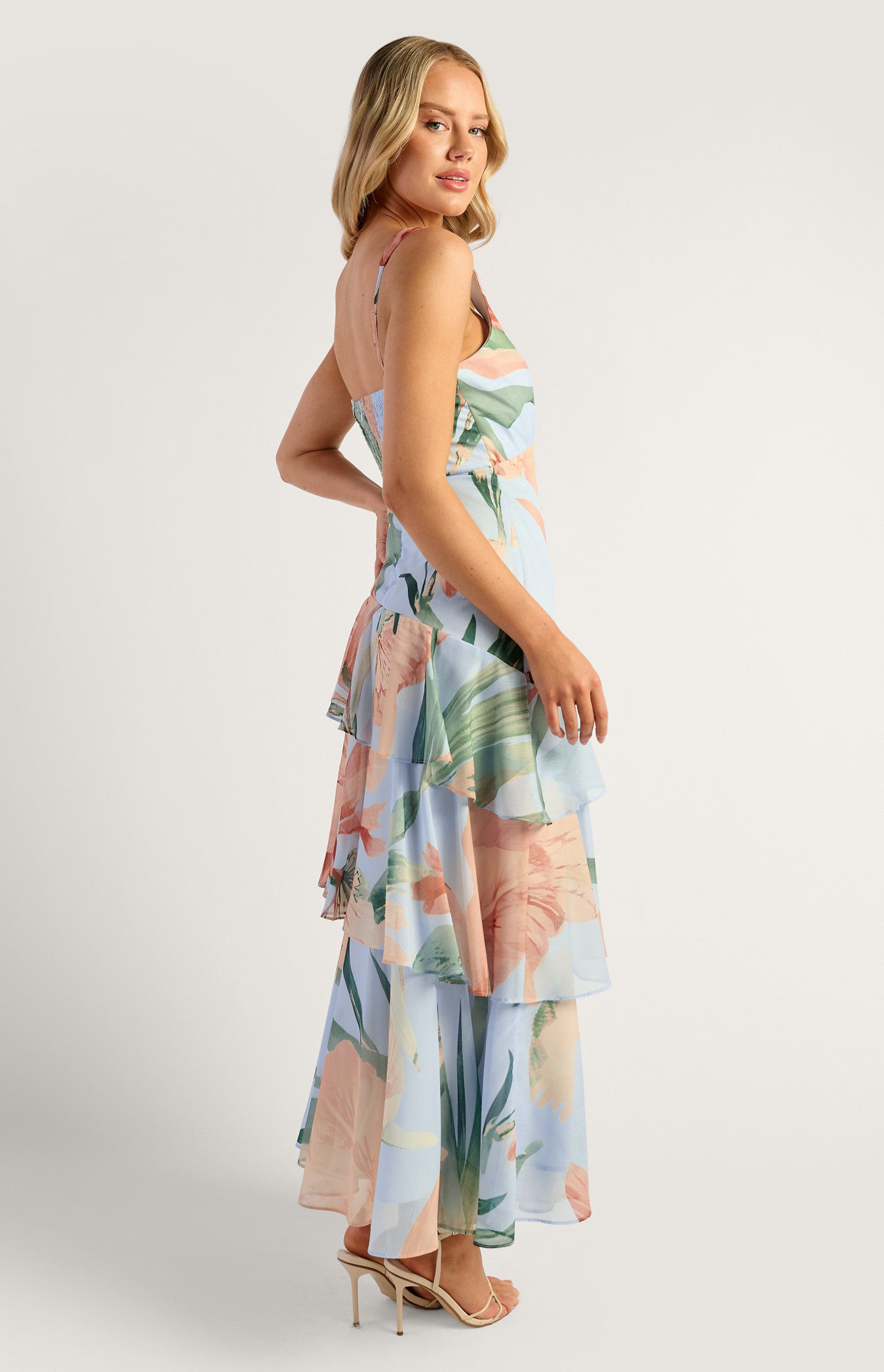 Oasis Floral Marble Beaded Keyhole Neckline Tiered Hem Maxi Dress