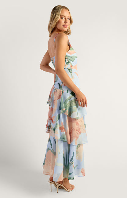 Oasis Floral Marble Beaded Keyhole Neckline Tiered Hem Maxi Dress