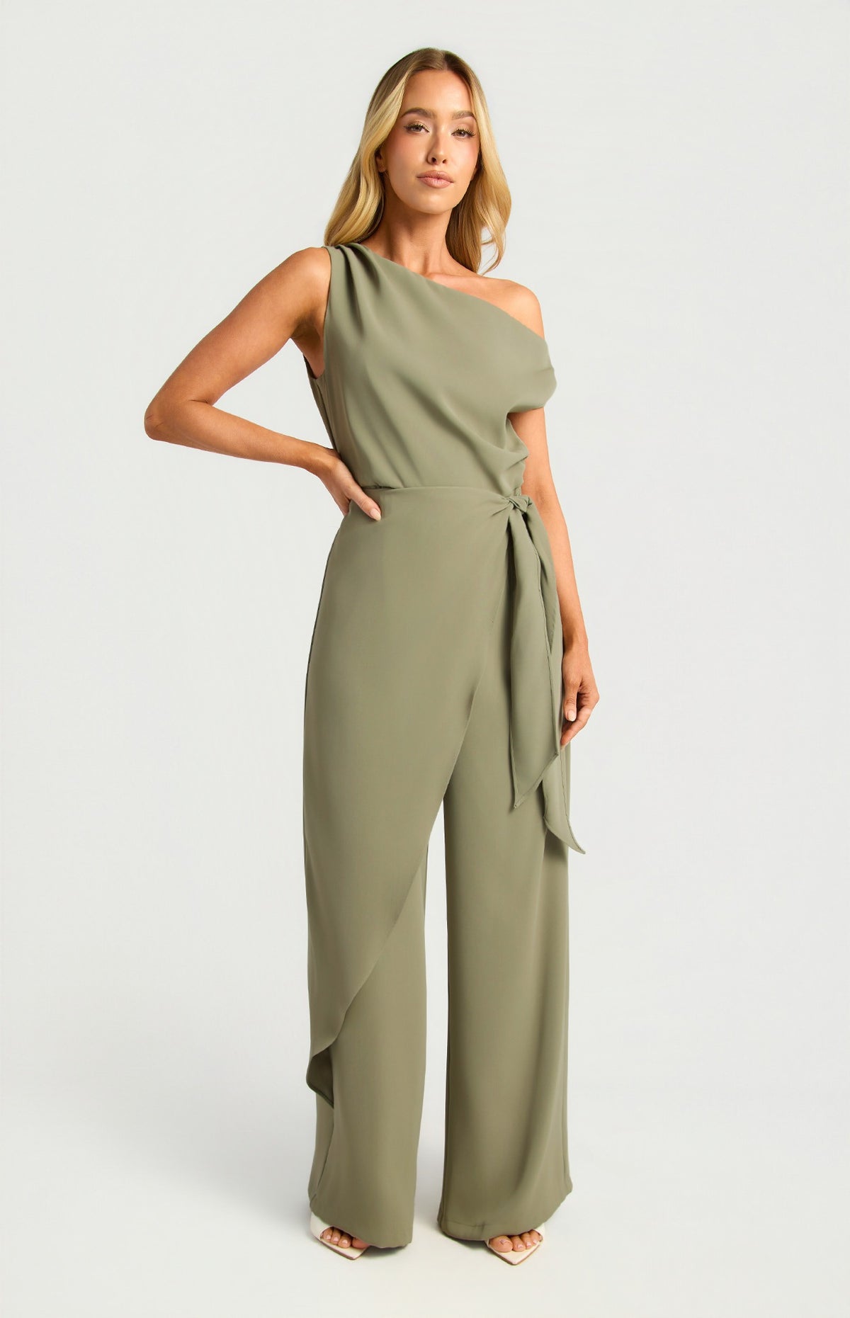One Shoulder Drape Waist Tie Jumpsuit