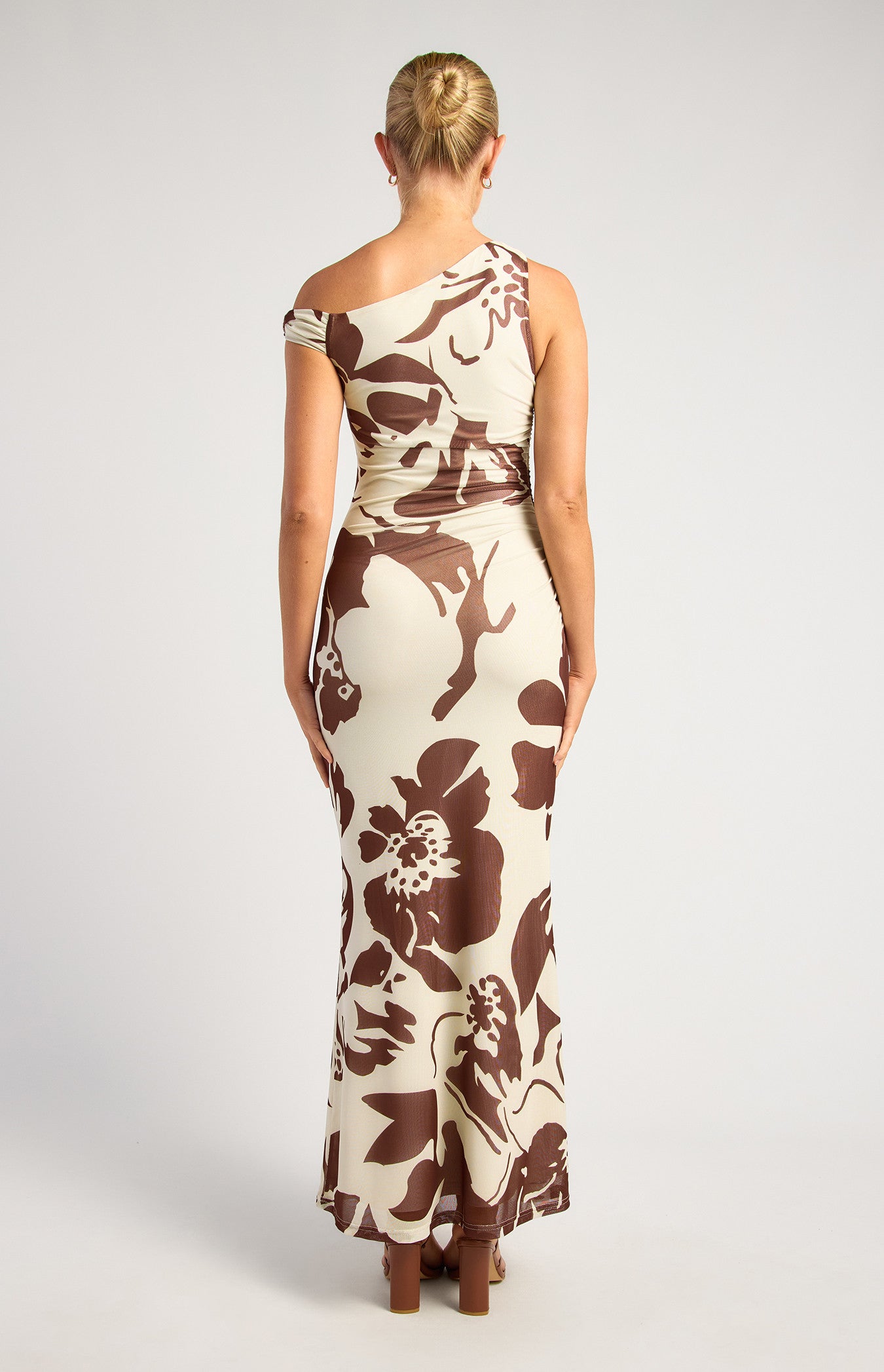 Chocolate Floral Print Asymmetric Neckline Maxi Dress