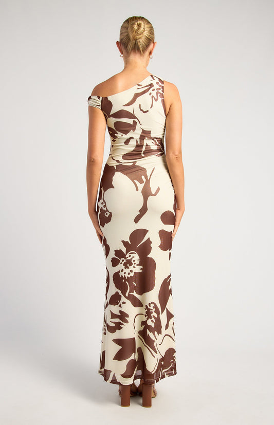 Chocolate Floral Print Asymmetric Neckline Maxi Dress