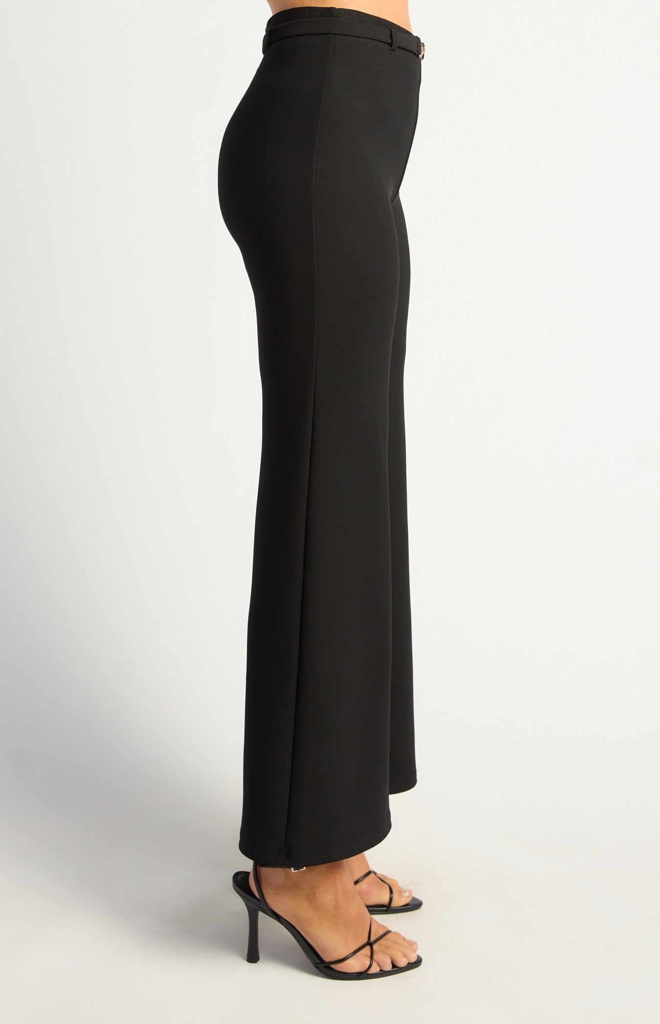Black Boot Cut Jersey Pants with Gold Belt Buckle Detail