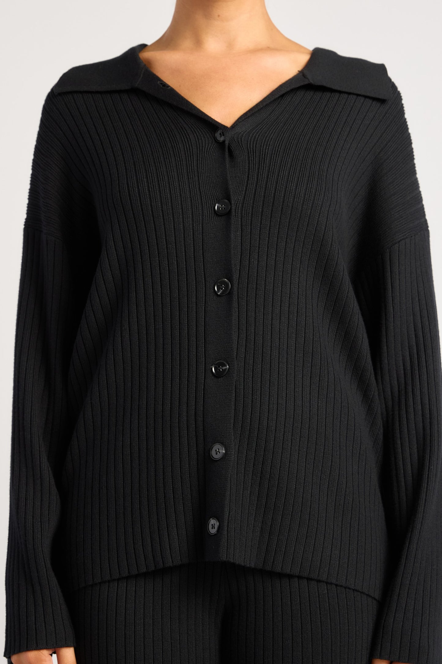 Black Ribbed Knit Set with Front Button Up