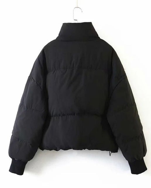 Black Stand Collar Zip Puffer Jacket