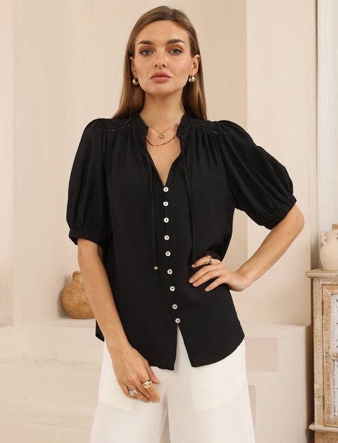 Black Puff Sleeve Button-up Blouse