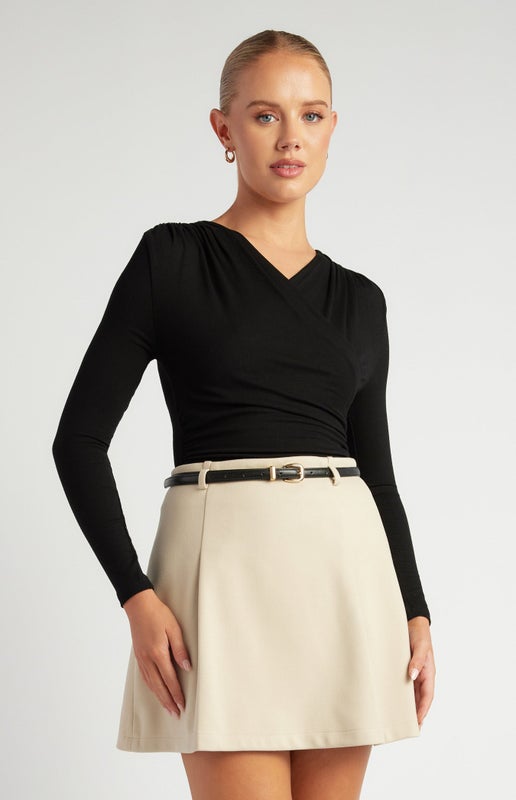 Black Cross Neck Ruched Detail Jersey Bodysuit