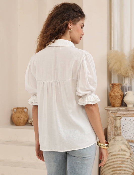 White Ruffle-Sleeve Pintuck Blouse