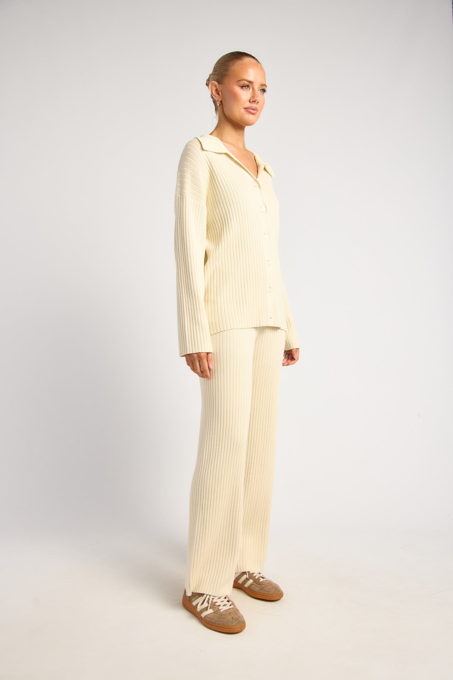 Bone Ribbed Knit Button Up Top