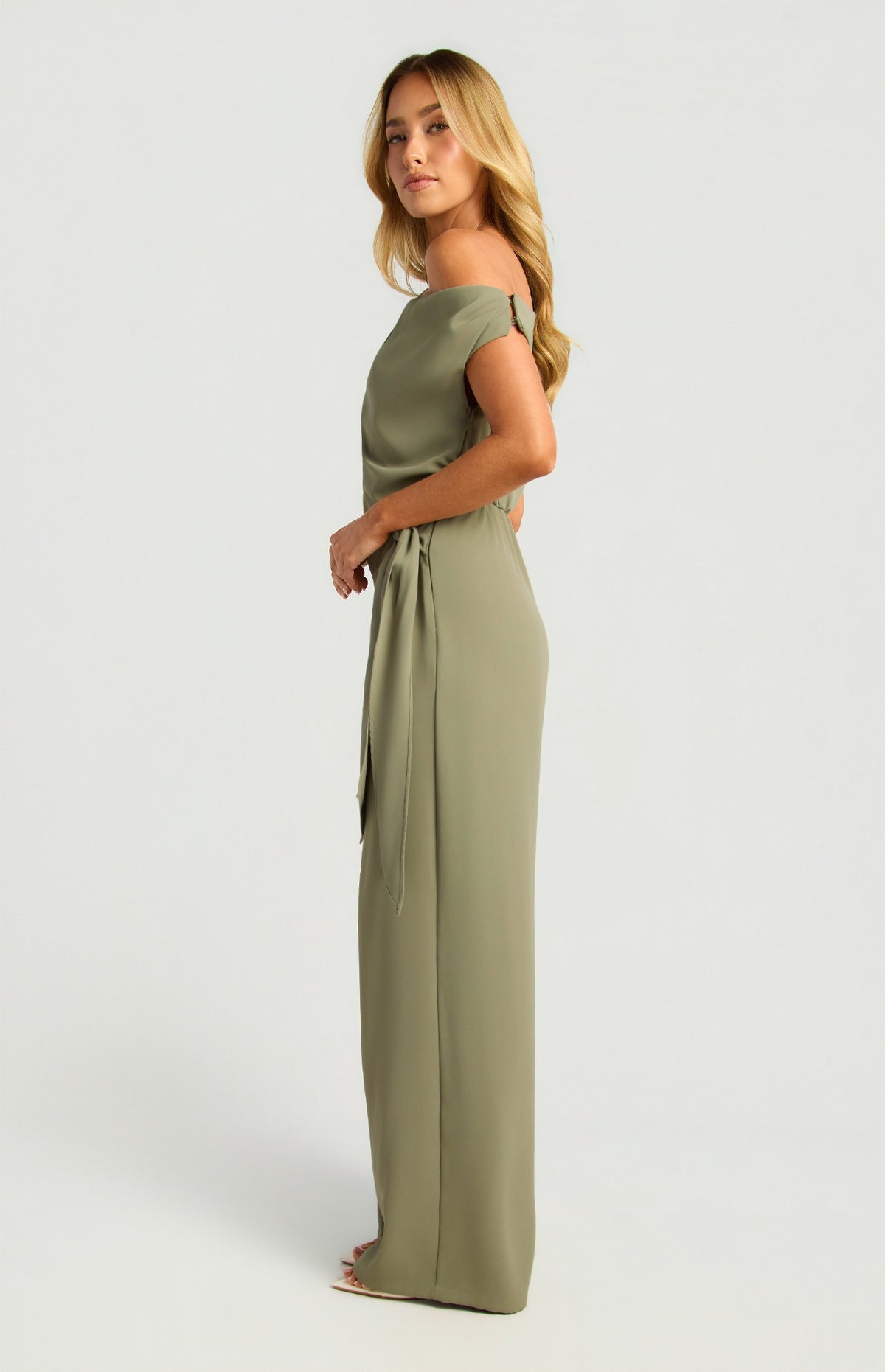 One Shoulder Drape Waist Tie Jumpsuit