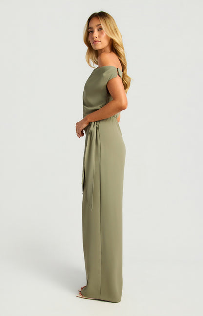 One Shoulder Drape Waist Tie Jumpsuit