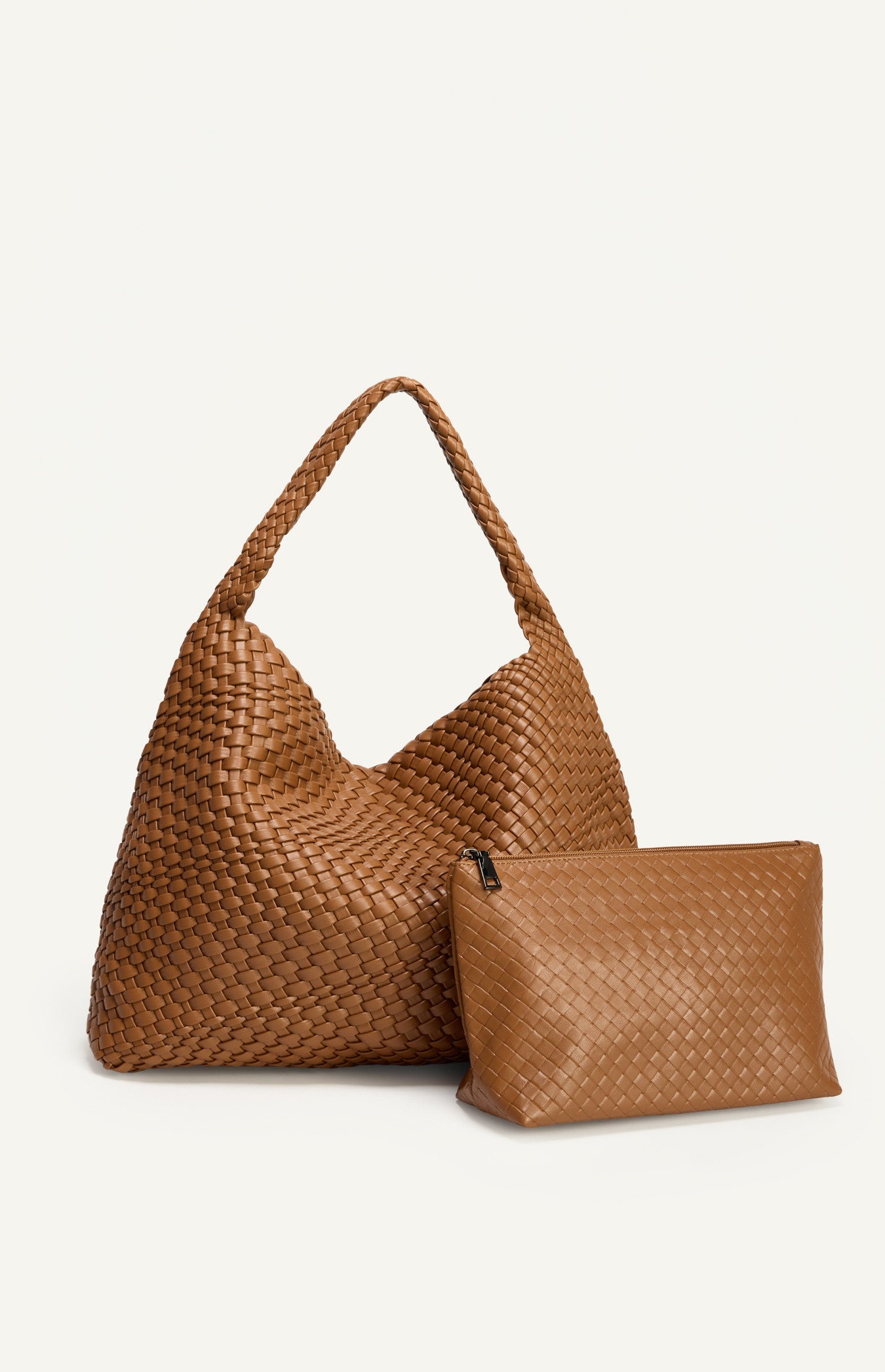 Caramel Woven Vegan Leather Hobo Bag with Pouch