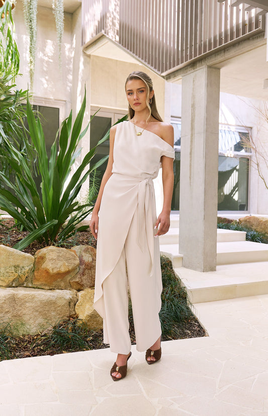 One Shoulder Drape Waist Tie Jumpsuit