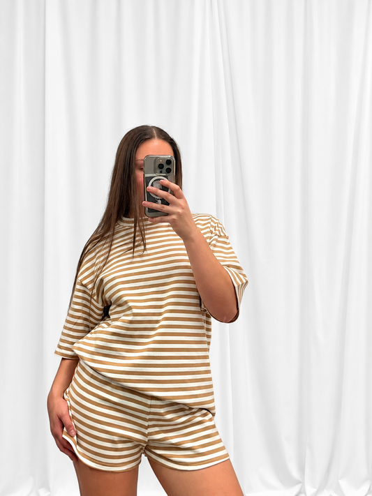 Coastal Stripe Oversized Tee – Sand & White