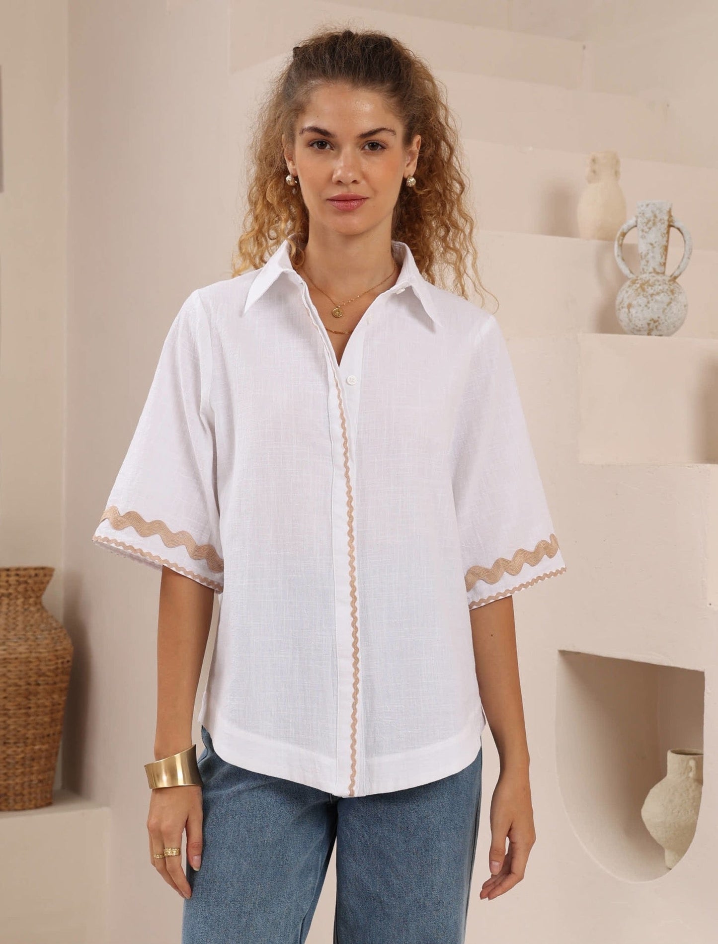 Boxy White Button with Sleeve Detail
