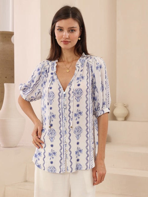 Blue & White Print Button-up Blouse