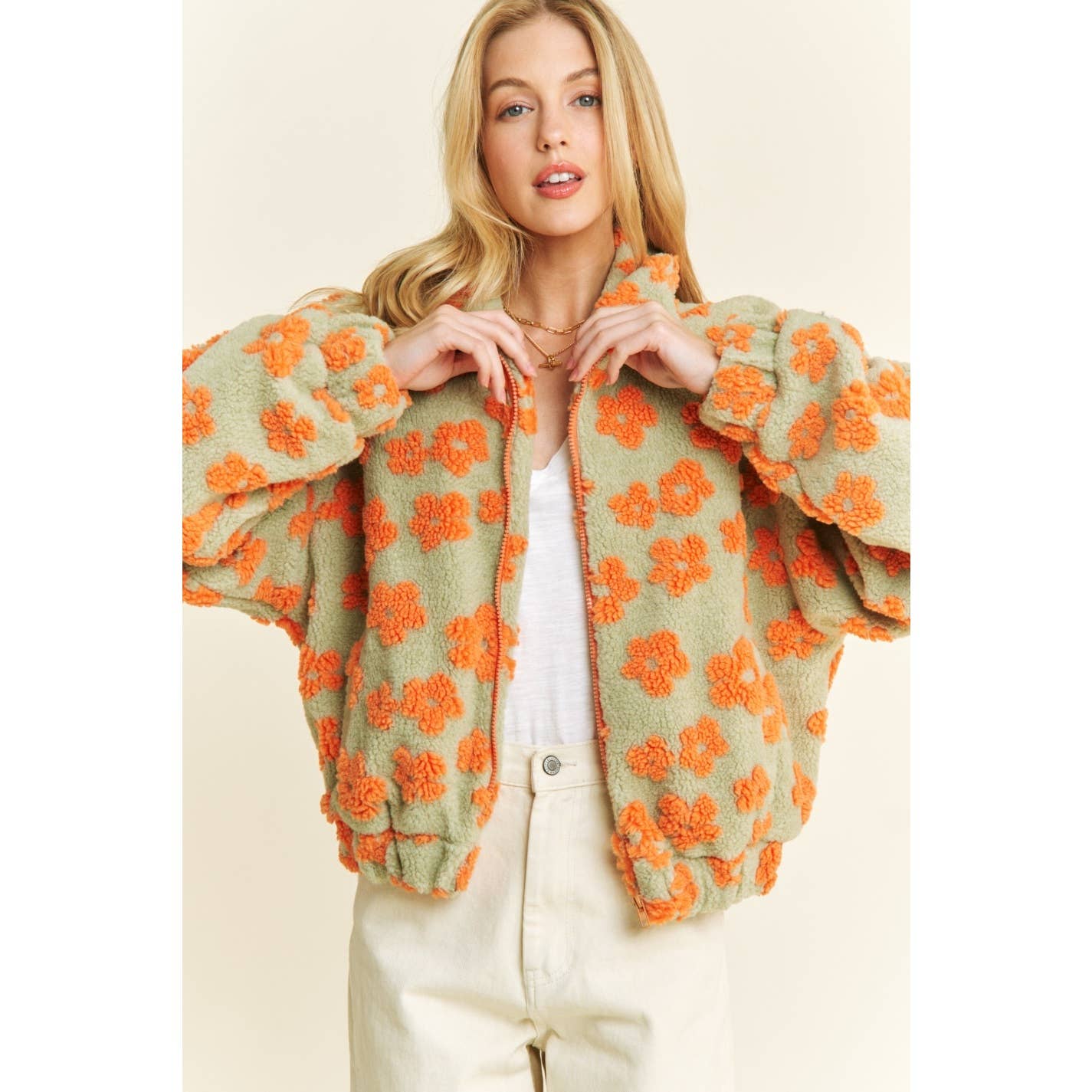 OVERSIZED TERRY BEAR FLEECE FLORAL COLOR BLOCK JACKET
