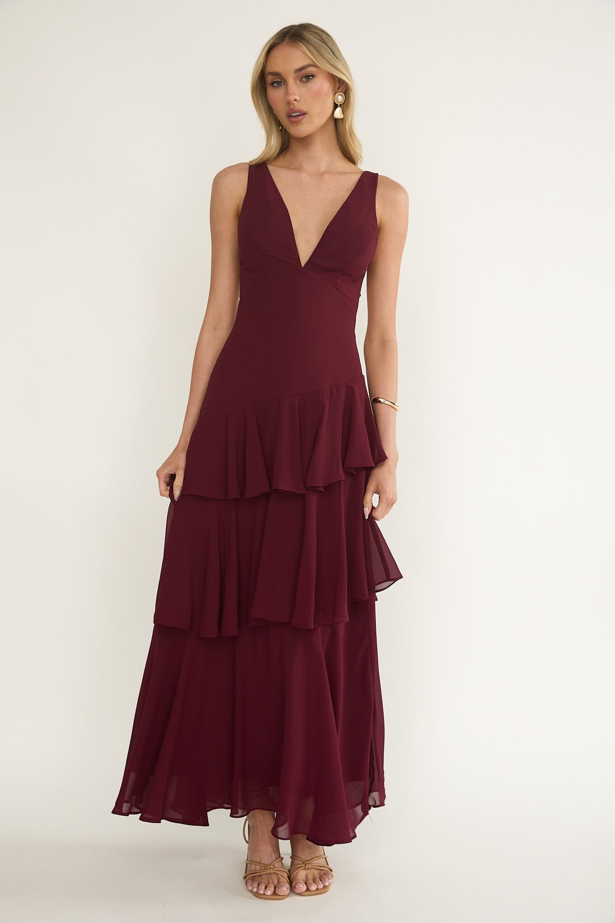 Serena Wine Tiered Maxi Dress