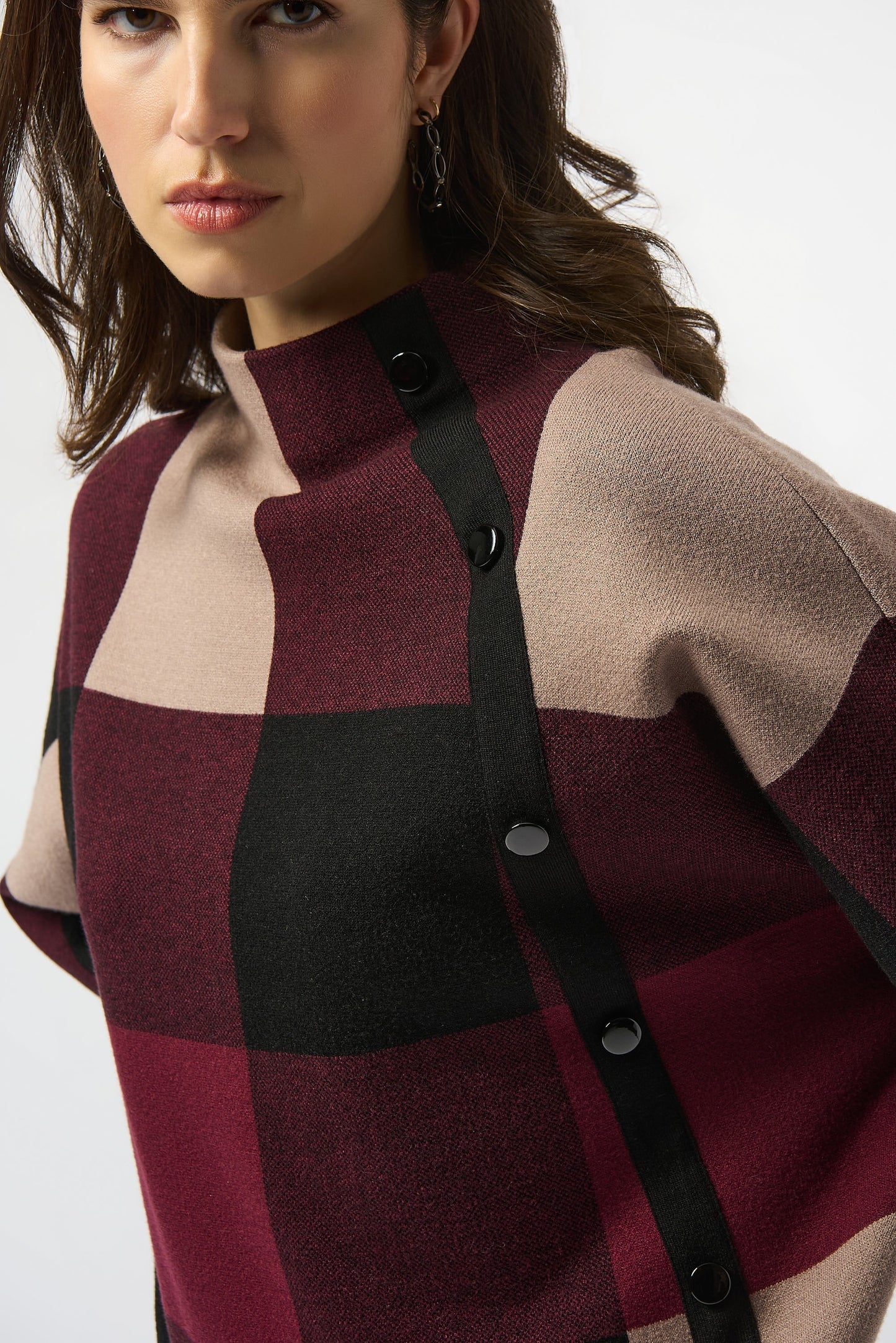 Plaid Jacquard Sweater Knit Top Merlot/Multi