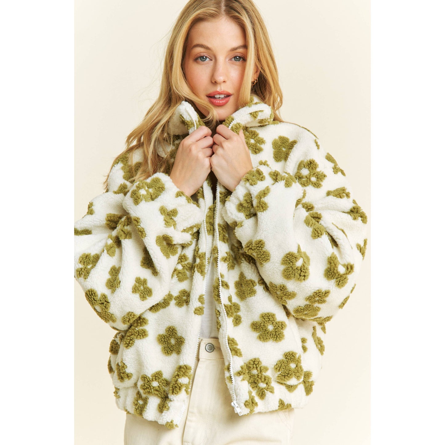 OVERSIZED TERRY BEAR FLEECE FLORAL COLOR BLOCK JACKET