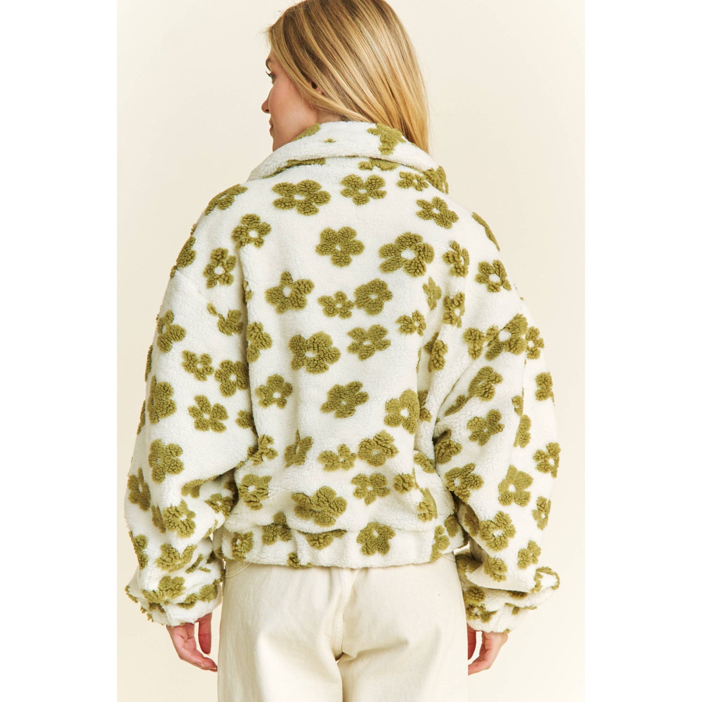 OVERSIZED TERRY BEAR FLEECE FLORAL COLOR BLOCK JACKET