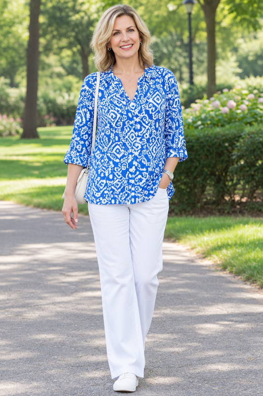 The Capri Blue Print Blouse