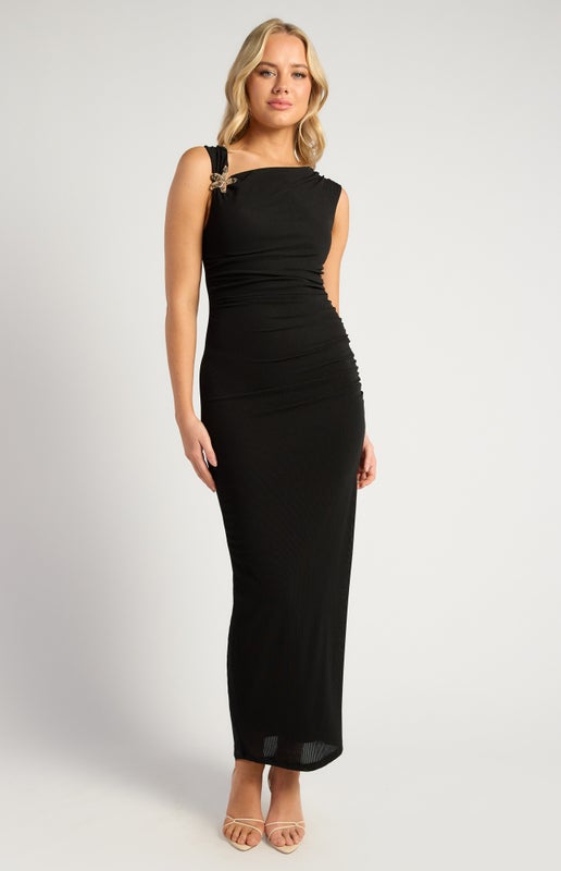 Gold Buckle Star Fish Detail Black Jersey Dress