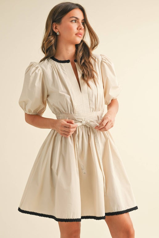 Beige Puff Sleeve Mini Dress