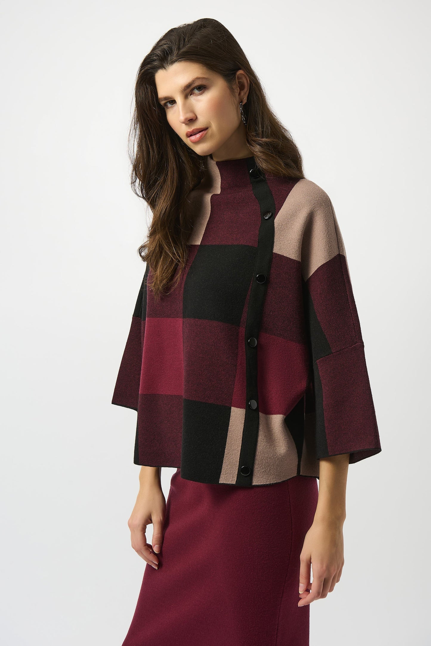 Plaid Jacquard Sweater Knit Top Merlot/Multi