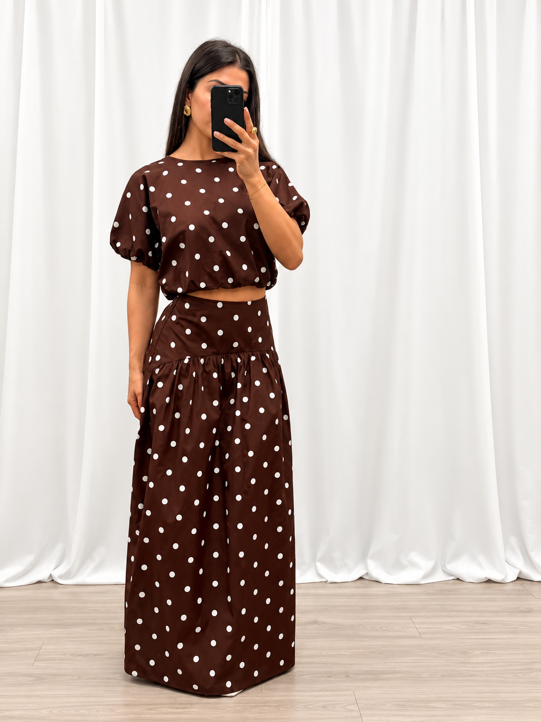 Chocolate Polka Dot Puff Sleeve Top