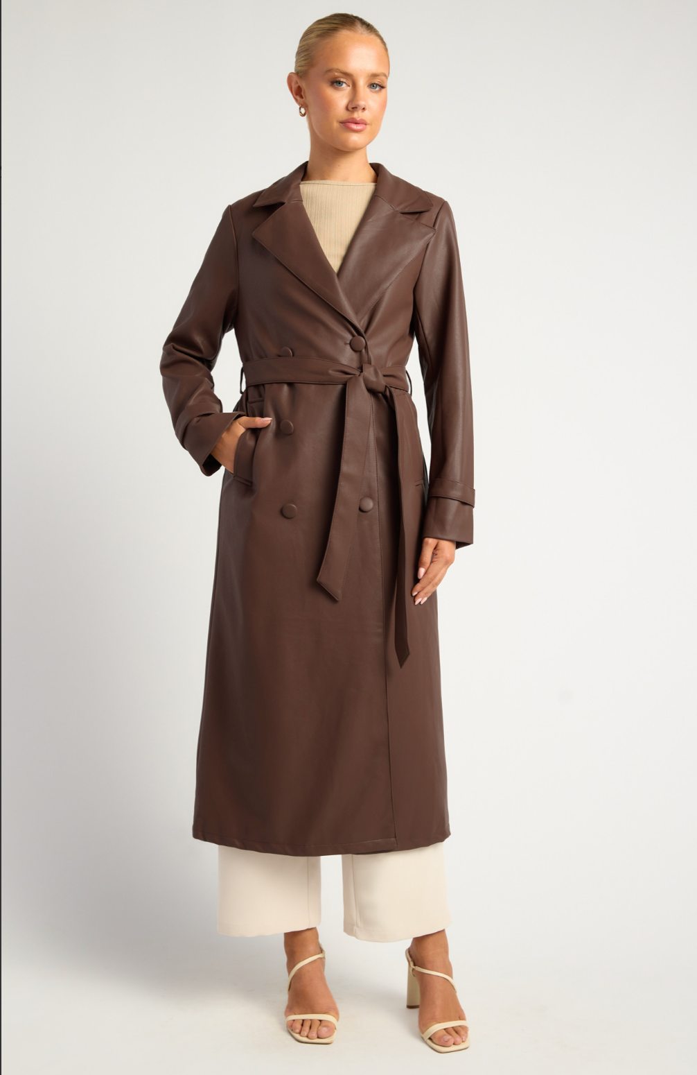 Dark Faux Leather Double Breasted Longline Trench Coat