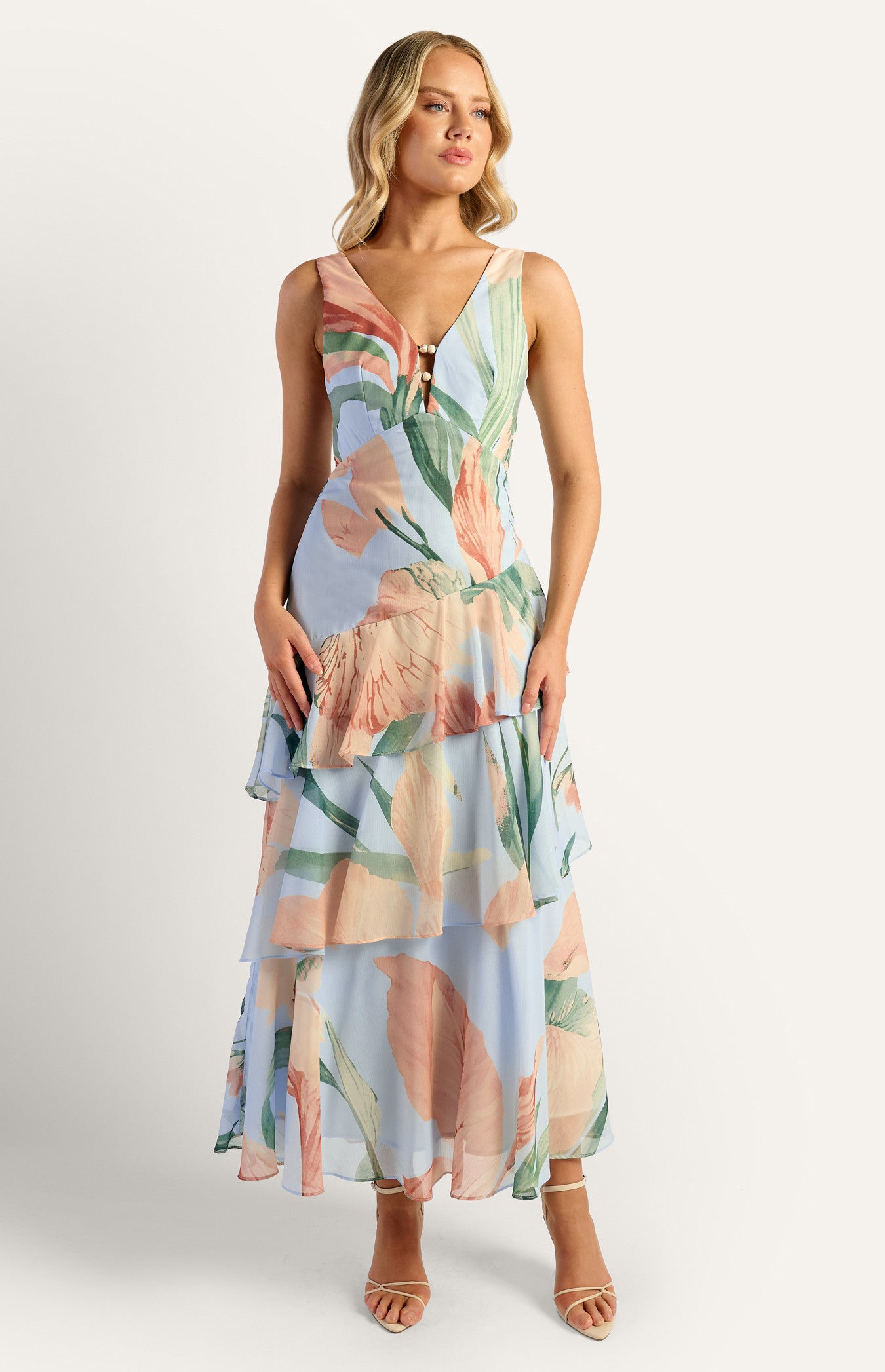 Oasis Floral Marble Beaded Keyhole Neckline Tiered Hem Maxi Dress