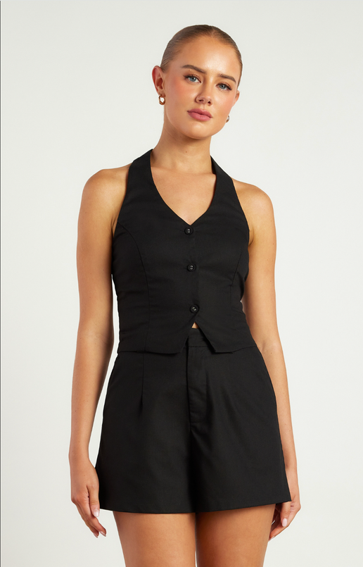 Black Cotton Linen Halter Neck Vest Top