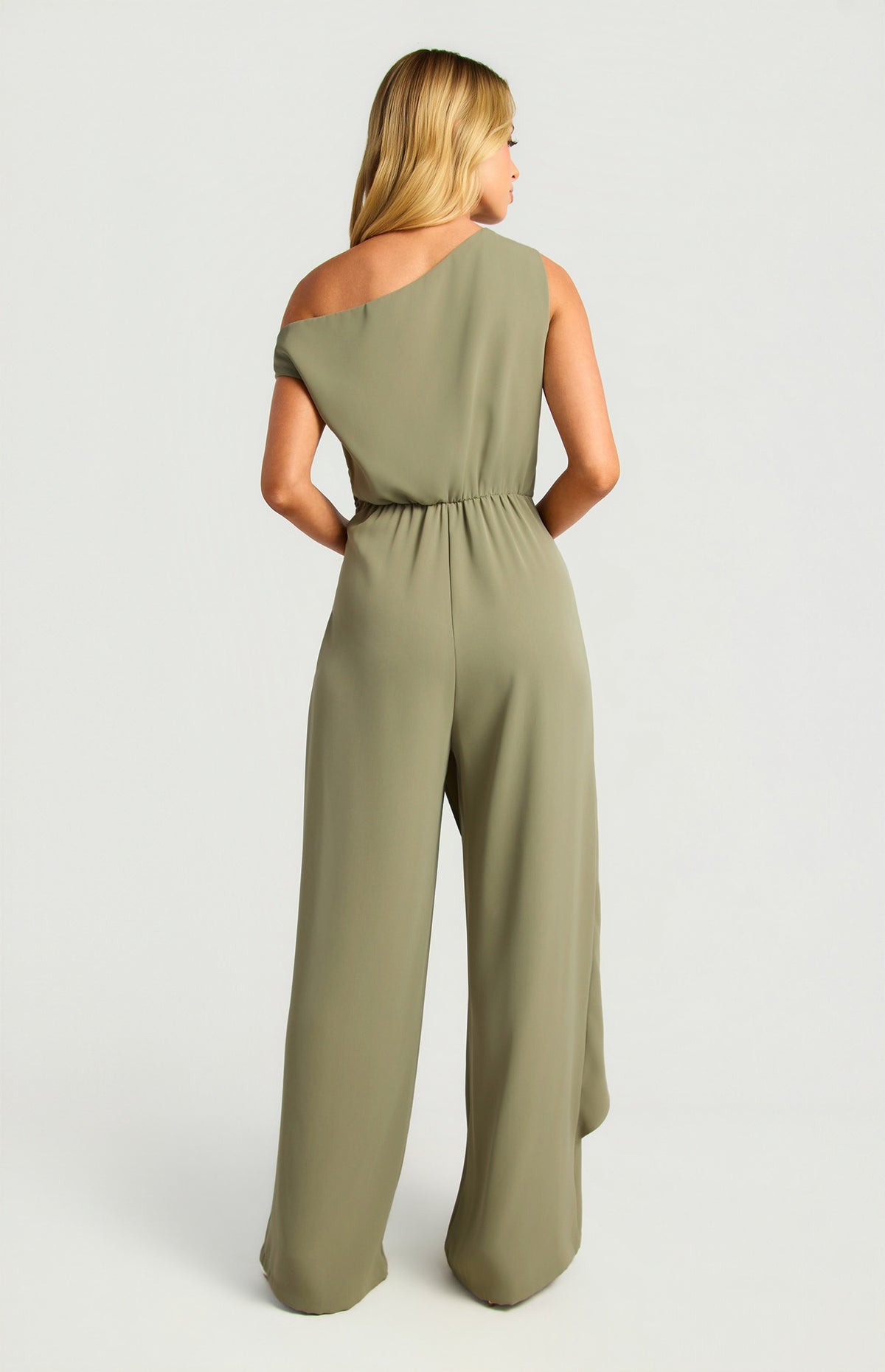 One Shoulder Drape Waist Tie Jumpsuit