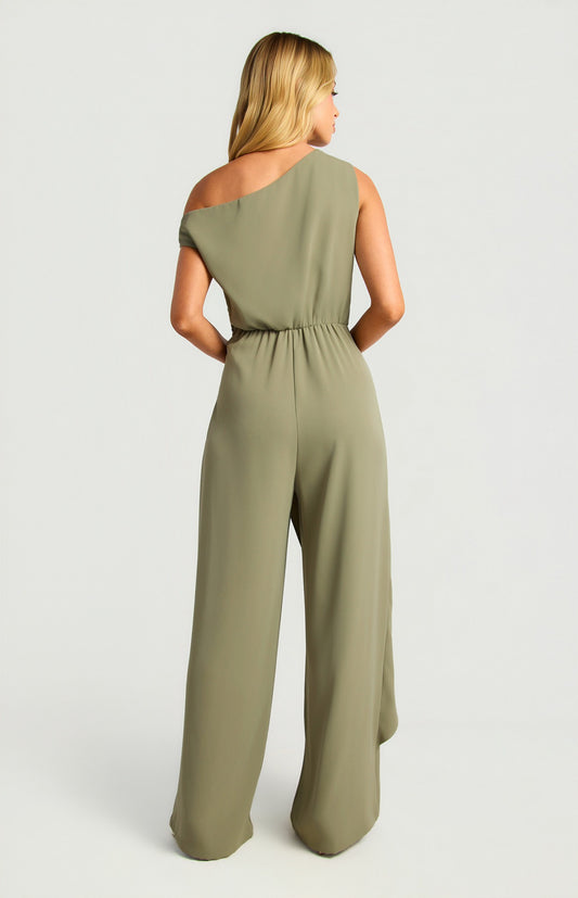 One Shoulder Drape Waist Tie Jumpsuit