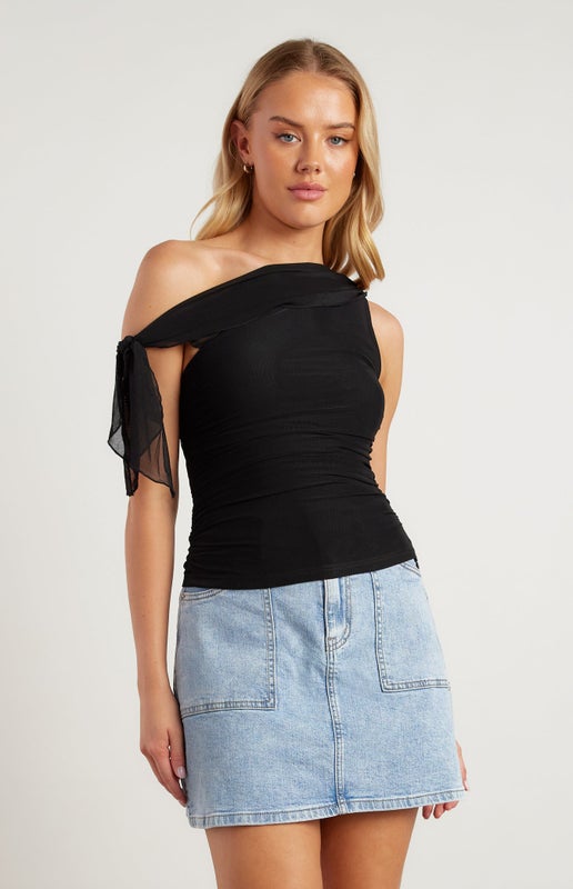 Black Asymmetric Neckline Shoulder Tie Top