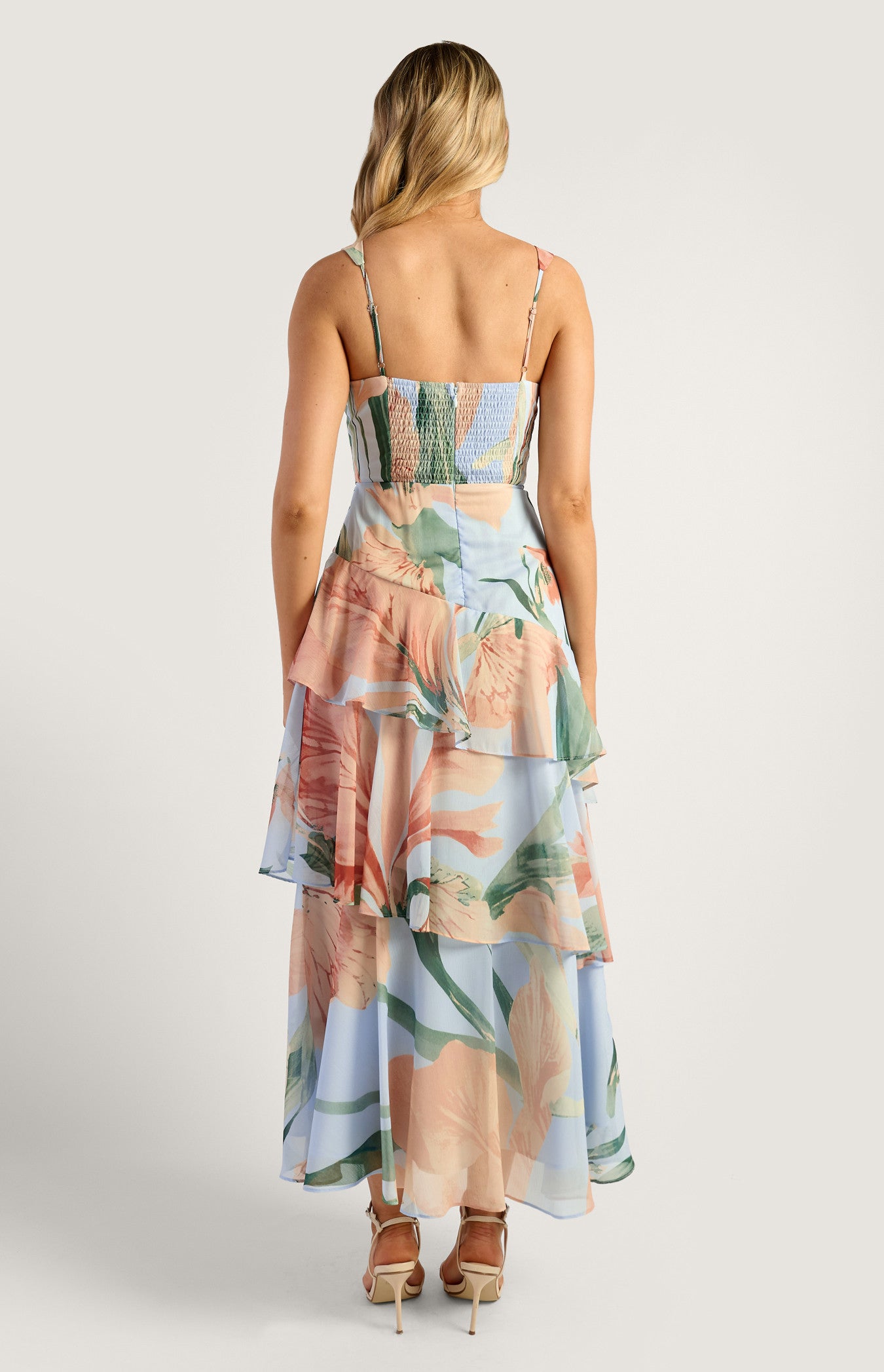 Oasis Floral Marble Beaded Keyhole Neckline Tiered Hem Maxi Dress