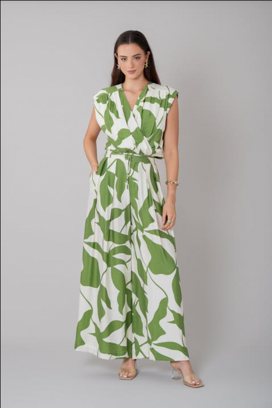 Green/Cream Kalmia Leaf Print Wide Leg Culotte Pant